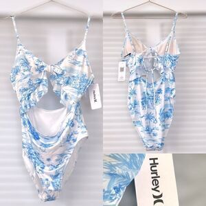 HURLEY Tropical Palm Tree Blue Cutout One Piece Swimsuit Size L